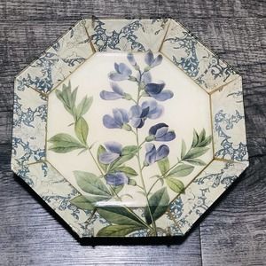 Marye Kelley Decoupage Blue Floral 10” Plate Signed Purple Flower Replacement A1
